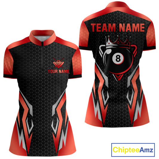 Black And Red 8 Ball Pool Crown Billiard Shirt For Women Custom Billiard Jersey Team Polo & 1/4 Zip TDM4322
