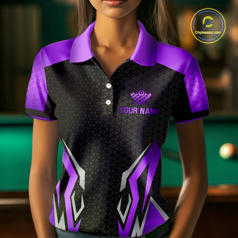 Black Purple 8 Ball Pool Crown Billiard Shirt For Women Custom Billiard Jersey Team Polo & 1/4 Zip TDM4323