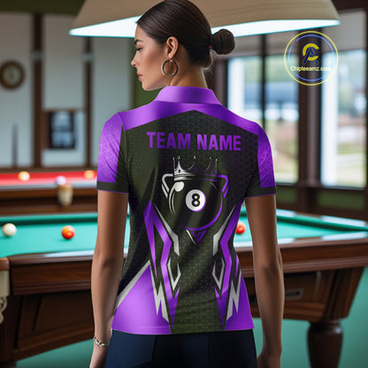 Black Purple 8 Ball Pool Crown Billiard Shirt For Women Custom Billiard Jersey Team Polo & 1/4 Zip TDM4323
