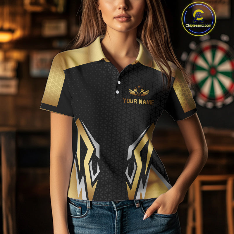 Black And Golden Funny Crown Darts Shirt For Women Custom Darts Jerseys Team Polo & Quarter Zip TDM4324