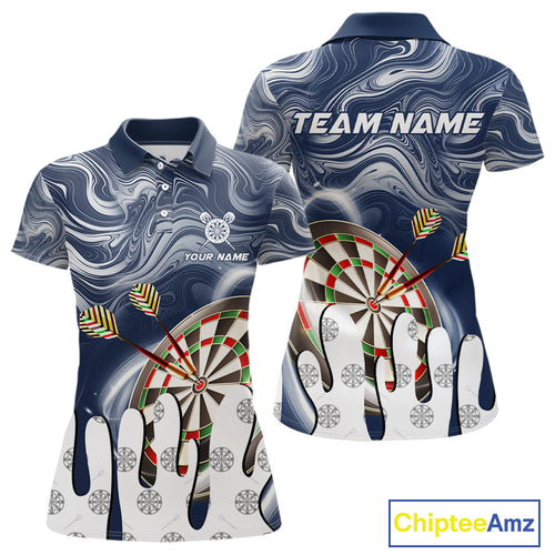 Personalized Marble Swirl Dart Shirts For Women Custom Funny Darts Team Jersey Polo & 1/4 Zip |Blue TDM4161