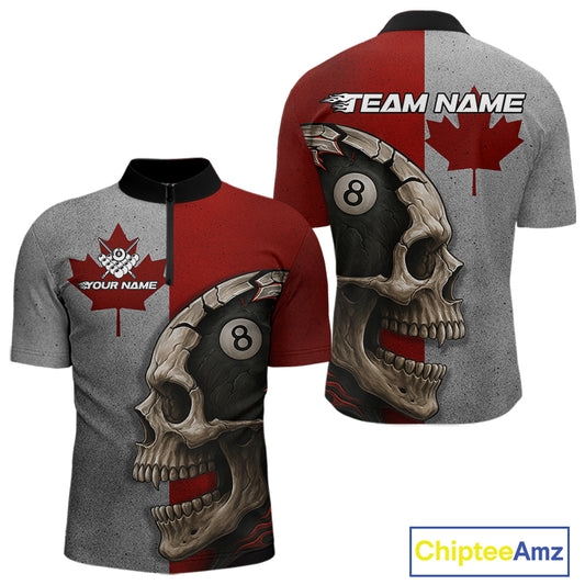 Personalized Grunge Canada Flag Skull Billiard Shirt For Men, 8 Ball Patriotic Pool Team Jerseys TDM4157
