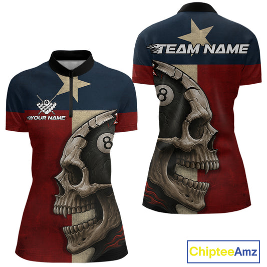 Personalized Grunge Texas Flag Skull Billiard Shirt For Women, 8 Ball Patriotic Pool Team Jerseys TDM4158