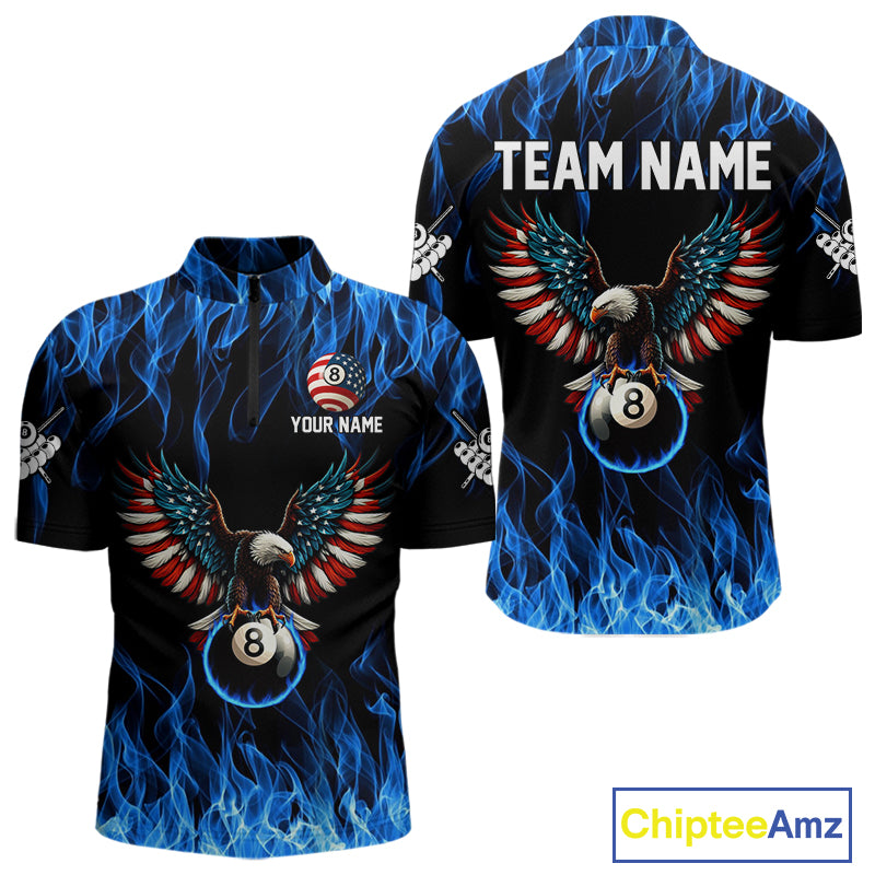 Blue Flaming American Flag Eagle 8 Ball Billiard Shirt For Men Custom Patriotic Pool Team Jersey TDM4328