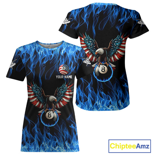 Blue Flaming American Flag Eagle 8 Ball Billiard T-Shirt For Women Custom Patriotic Pool Team Jersey TDM4328