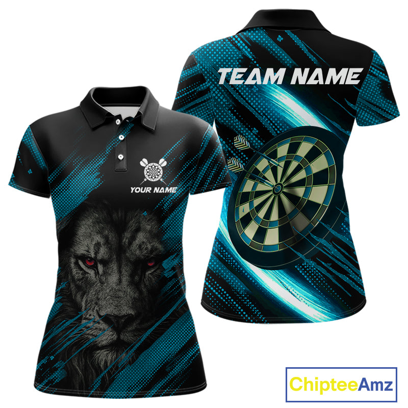 Personalized Cyan & Black Lion Darts Shirt For Women Custom Light Dartboard Jersey Polo & 1/4 Zip TDM4335