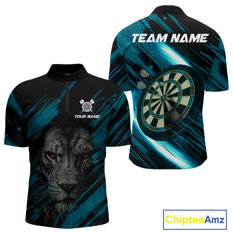 Personalized Cyan & Black Lion Darts Shirt For Men Custom Light Dartboard Jersey Polo & 1/4 Zip TDM4335