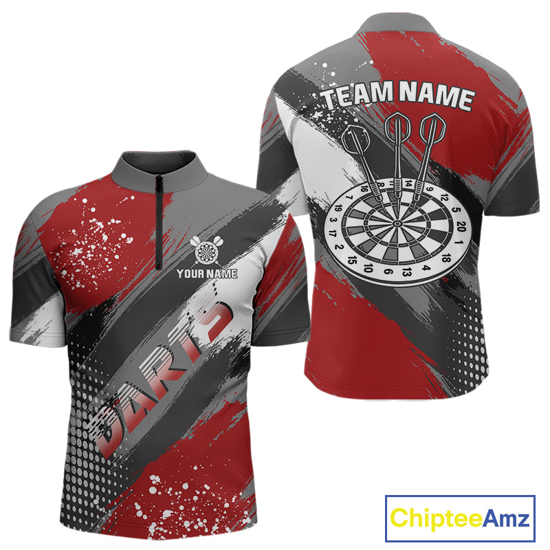 Personalized Red And Grey Grunge Darts Shirt For Men Custom Darts Jerseys Team Polo & Quarter Zip TDM4337