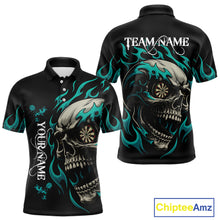 Load image into Gallery viewer, Personalized Turquoise Flaming Skull Darts Shirt For Men Custom Darts Jersey Team Polo &amp; 1/4 Zip TDM4763