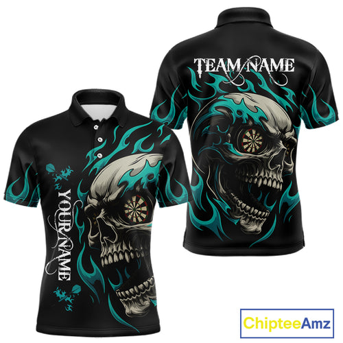 Personalized Turquoise Flaming Skull Darts Shirt For Men Custom Darts Jersey Team Polo & 1/4 Zip TDM4763
