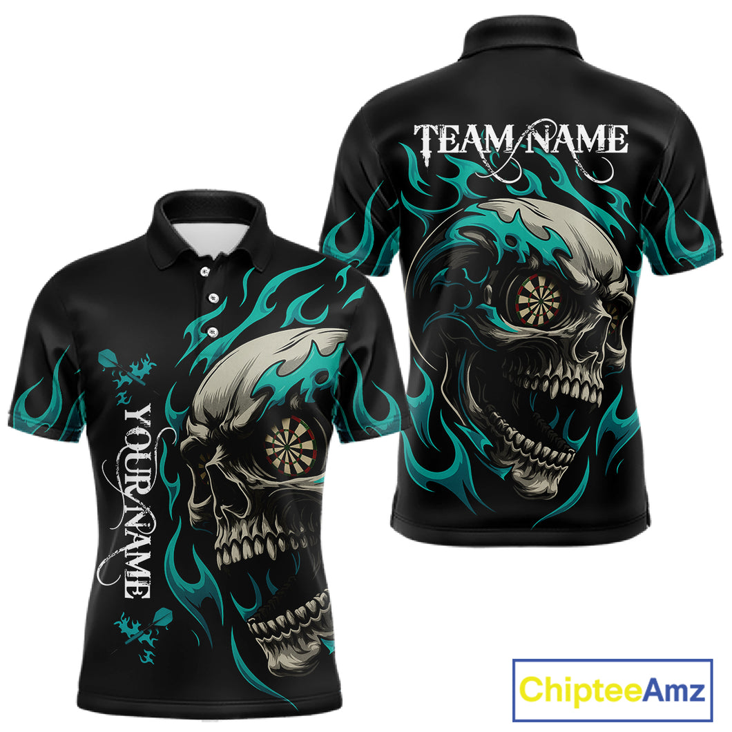 Personalized Turquoise Flaming Skull Darts Shirt For Men Custom Darts Jersey Team Polo & 1/4 Zip TDM4763