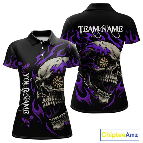 Personalized Purple Flaming Skull Darts Shirt For Women Custom Darts Jersey Team Polo & 1/4 Zip TDM4764
