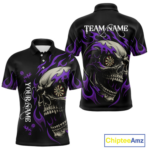 Personalized Purple Flaming Skull Darts Shirt For Men Custom Darts Jersey Team Polo & 1/4 Zip TDM4764