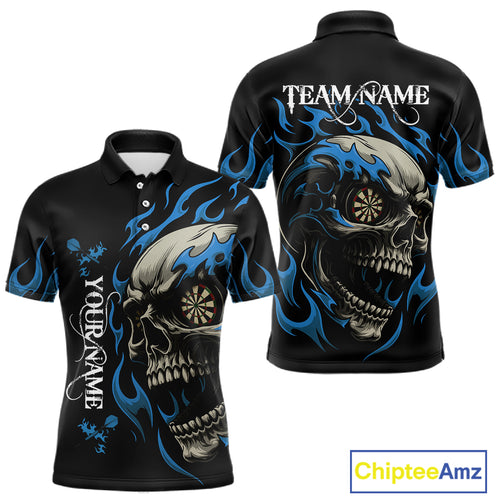 Personalized Blue Flaming Skull Darts Shirt For Men Custom Darts Jersey Team Polo & 1/4 Zip TDM4765