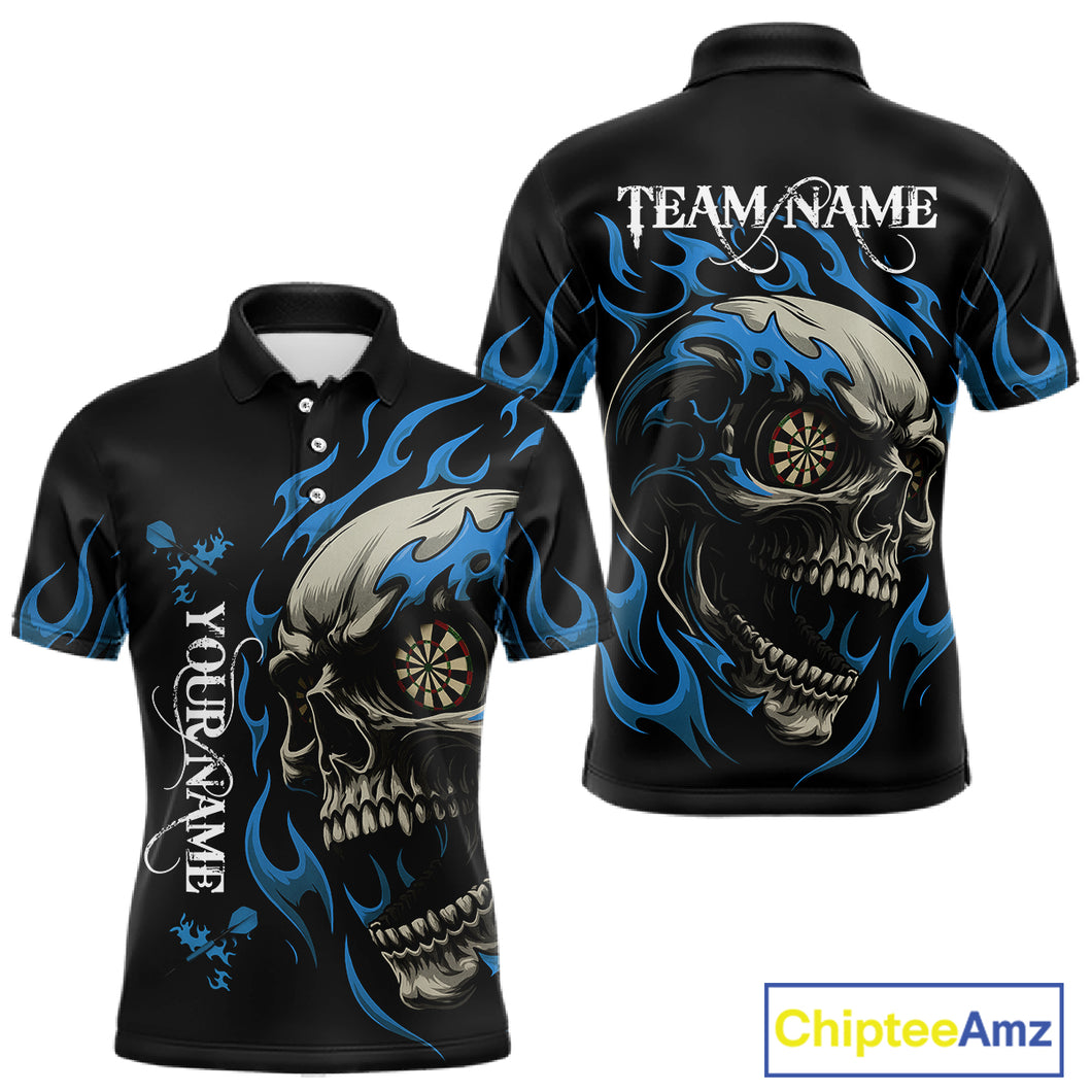 Personalized Blue Flaming Skull Darts Shirt For Men Custom Darts Jersey Team Polo & 1/4 Zip TDM4765