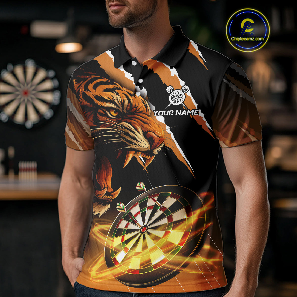 Custom Black And Orange Tiger Darts Shirt For Men Custom Darts Jersey Team Polo & Quarter Zip TDM4568