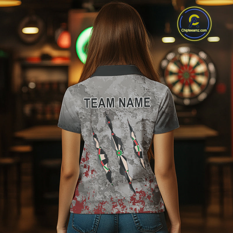 Custom Red Grey Grunge Dart Shirts With Pocket Option For Women, Darts Jersey TDM4179