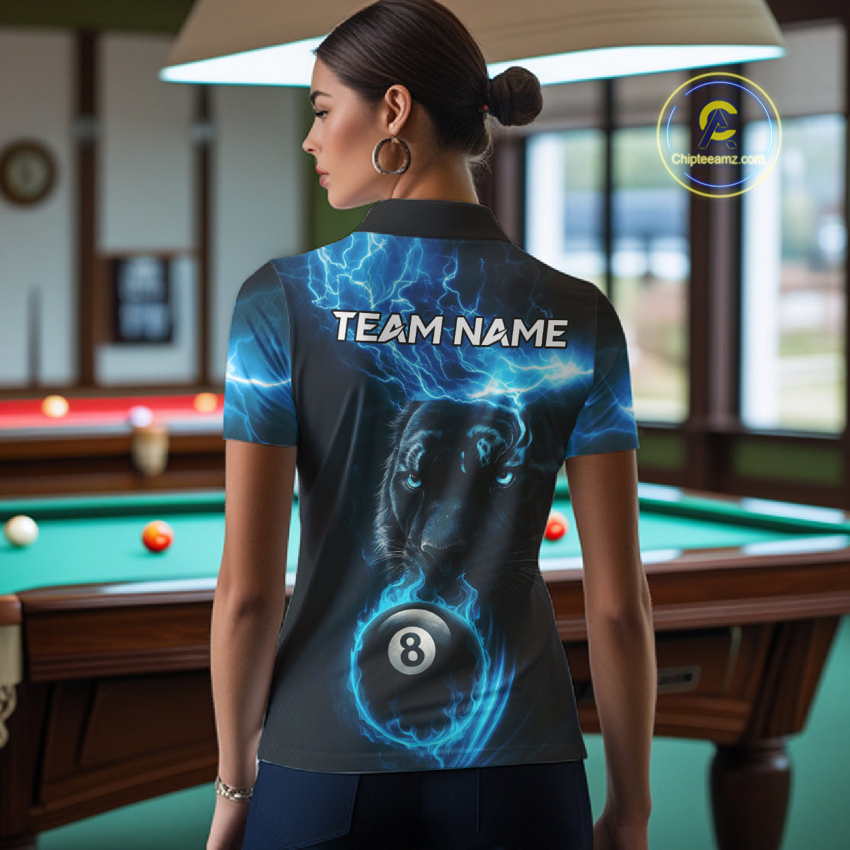 Custom Panther Billiard Polo & 1/4 Zip For Men, Blue Flame 8 Ball Lightning Pool Team Jersey TDM4580