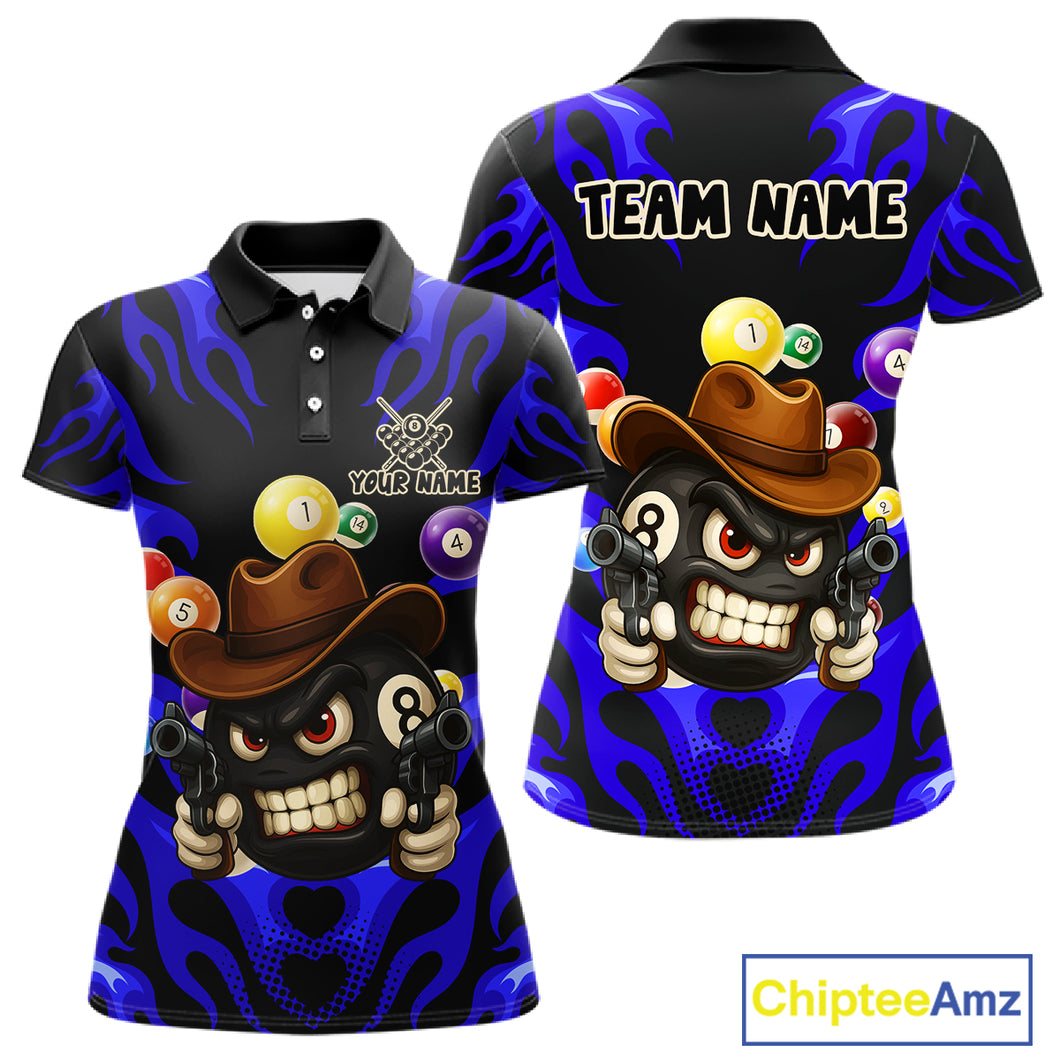 Personalized Blue Funny Flame 8 Ball Billiard Shirt For Women Custom Pool Team Jersey Polo & 1/4 Zip TDM4783