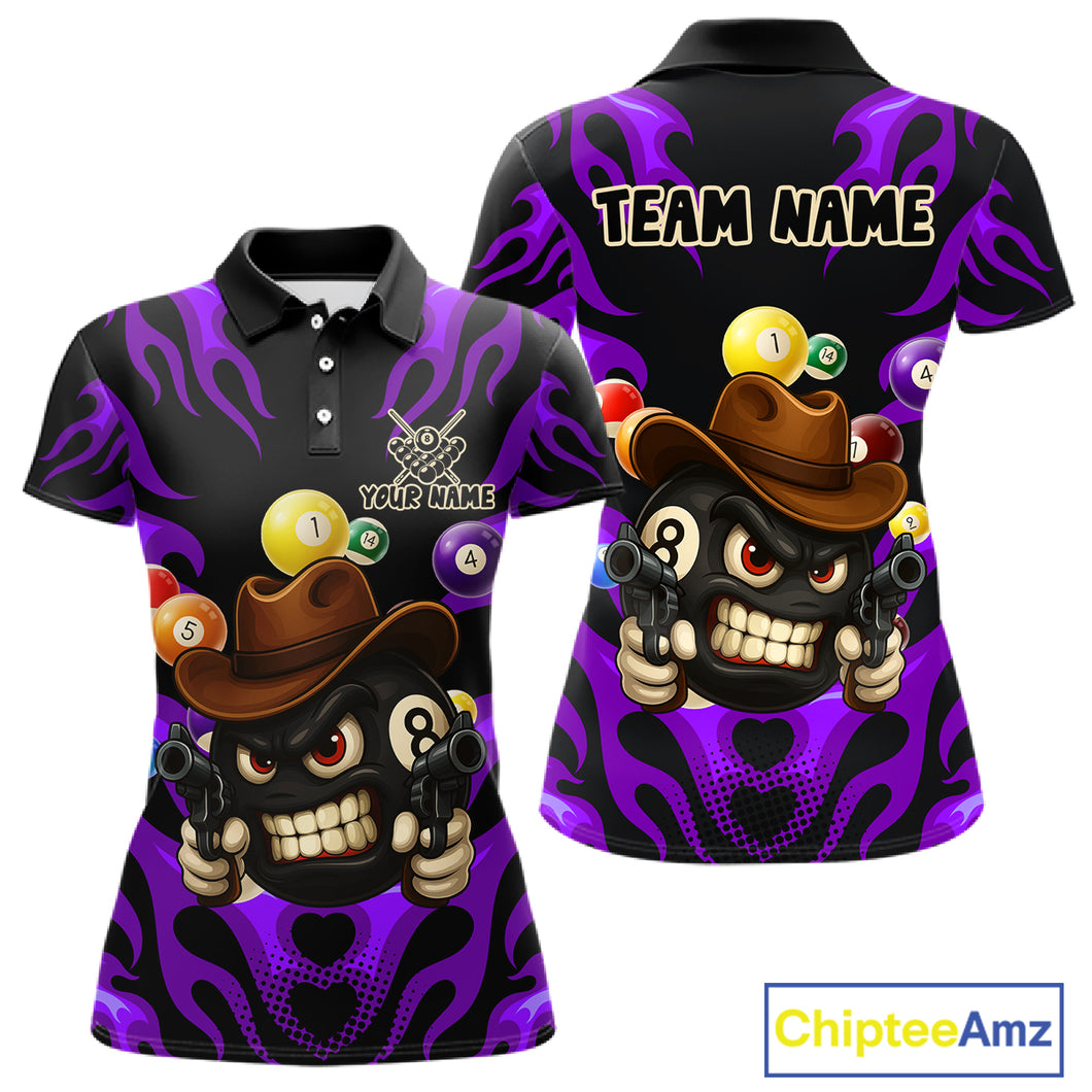 Personalized Purple Funny Flame 8 Ball Billiard Shirt For Women, Pool Team Jersey Polo & 1/4 Zip TDM4784