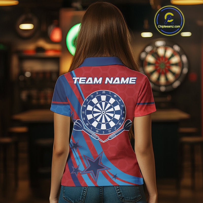 Red And Blue Stars Darts Shirt For Women Custom Dartboard Jerseys Team Polo & 1/4 Zip, Darts Outfit TDM4357