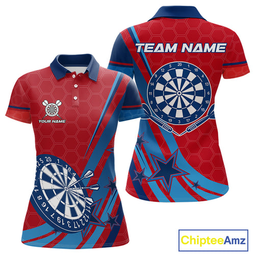 Red And Blue Stars Darts Shirt For Women Custom Dartboard Jerseys Team Polo & 1/4 Zip, Darts Outfit TDM4357