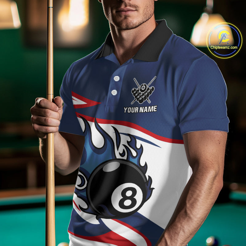 Red, White And Blue 8 Ball Flame Billiard Shirt For Men Custom Billiard Team Jersey Polo & 1/4 Zip TDM4202