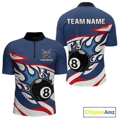 Red, White And Blue 8 Ball Flame Billiard Shirt For Men Custom Billiard Team Jersey Polo & 1/4 Zip TDM4202