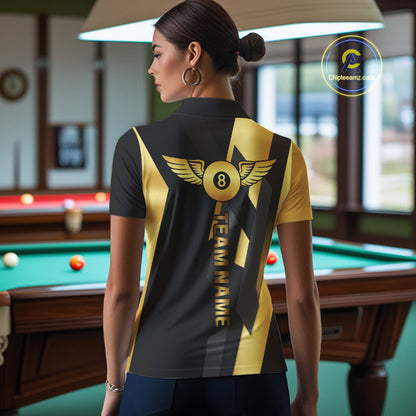 Black And Golden 8 Ball Wings Billiard Shirt For Women Custom Pool Team Jersey Polo & Quarter Zip TDM4203