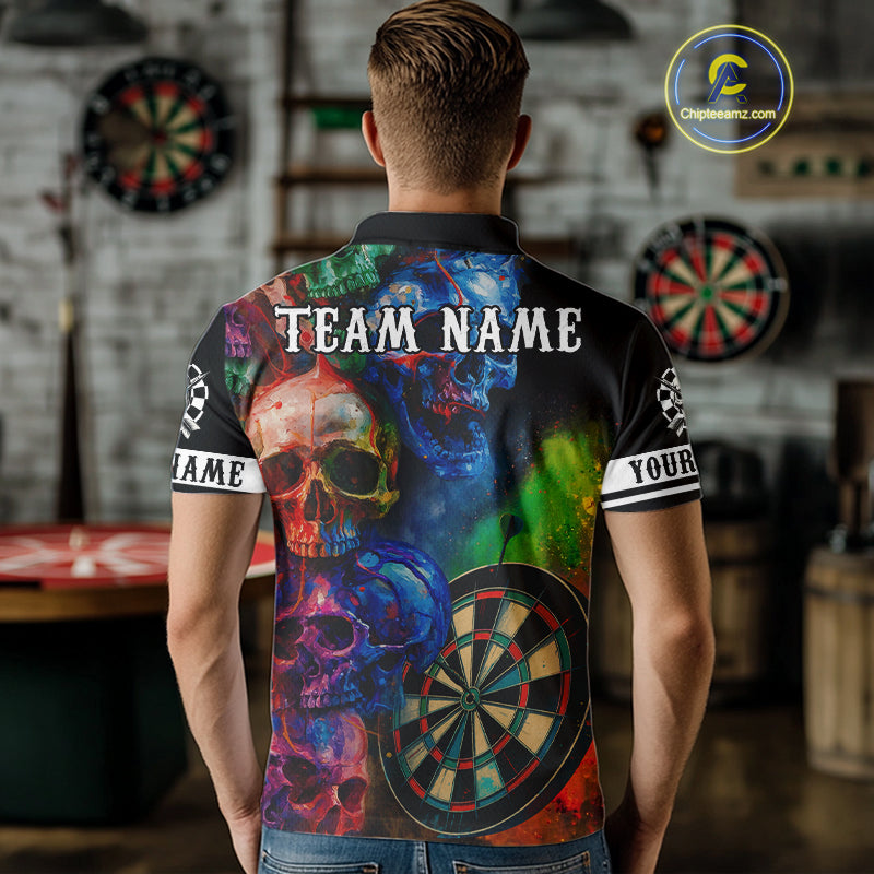 Funny Colorful Skull Darts Shirt For Men Custom Darts Team Jersey Polo & 1/4 Zip, Darts Outfit TDM4378