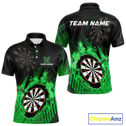 Green Dartboard Fire Flame Darts Shirt For Men Custom Darts Jersey, Dart Team Shirt Polo & 1/4 Zip TDM4799