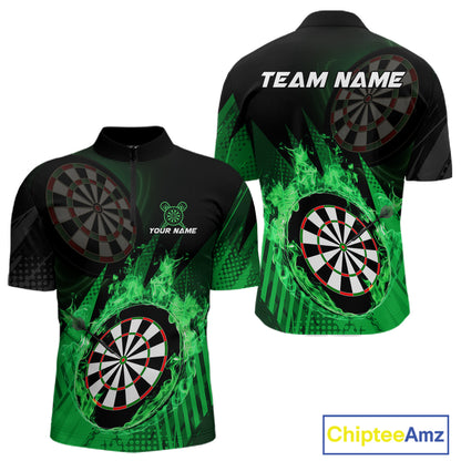 Green Dartboard Fire Flame Darts Shirt For Men Custom Darts Jersey, Dart Team Shirt Polo & 1/4 Zip TDM4799