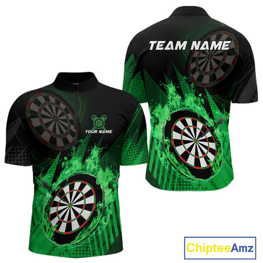 Green Dartboard Fire Flame Darts Shirt For Men Custom Darts Jersey, Dart Team Shirt Polo & 1/4 Zip TDM4799