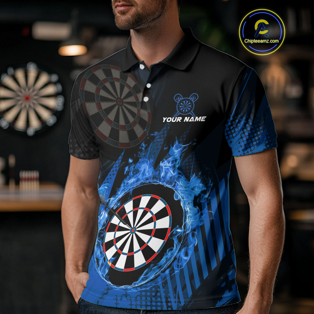 Blue Dartboard Fire Flame Darts Shirt For Men Custom Darts Jersey, Dart Team Shirt Polo & 1/4 Zip TDM4800