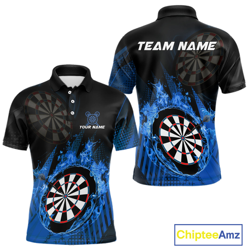 Blue Dartboard Fire Flame Darts Shirt For Men Custom Darts Jersey, Dart Team Shirt Polo & 1/4 Zip TDM4800