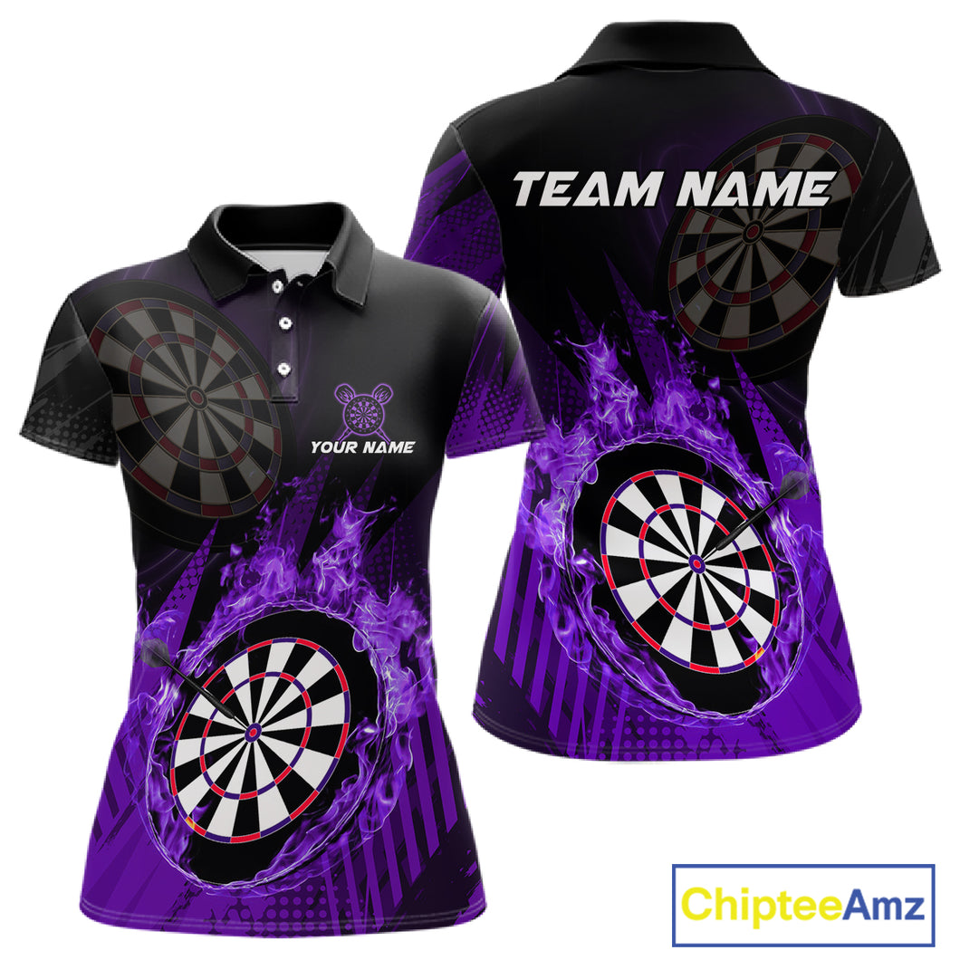 Purple Dartboard Fire Flame Darts Shirt For Women Custom Dart Jersey, Dart Team Shirt Polo & 1/4 Zip TDM4801