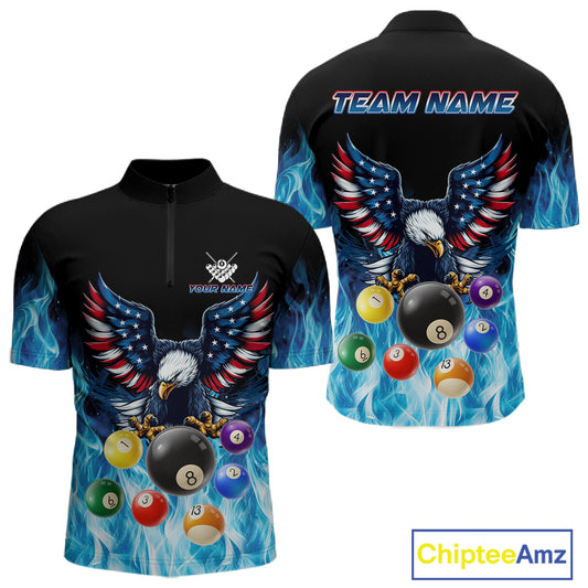Personalized American Flag Eagle Billiard Ball Pool Shirt For Men Custom Billiard Team Jersey|Blue TDM4806