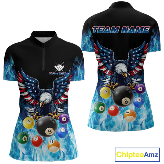 Personalized American Flag Eagle Billiard Ball Pool Shirt For Women Custom Billiard Team Jersey|Blue TDM4806