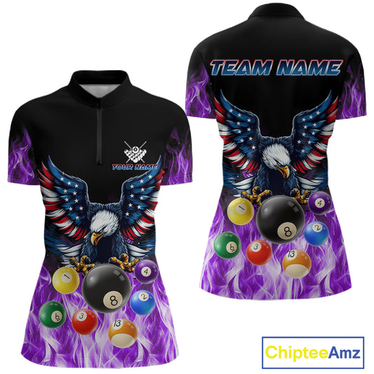 Personalized American Flag Eagle Billiard Ball Pool Shirt For Women Custom Billiard Jersey|Purple TDM4808