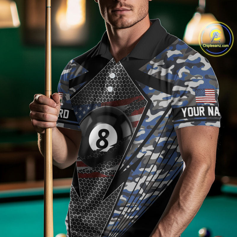 Personalized Blue Camo 8 Ball Pool Billiard Shirt For Men, Patriotic US Flag Billiard Team Jersey TDM4223