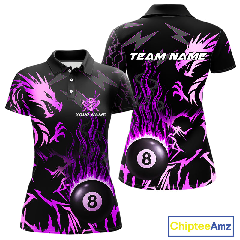 Black And Purple Flaming 8 Ball Pool Shirt For Women Custom Dragon Billiard Jersey Polo & 1/4 Zip TDM4813