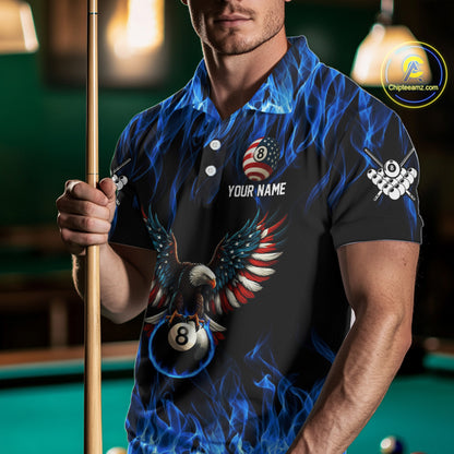 Blue Flaming American Flag Eagle 8 Ball Billiard Shirt For Men Custom Patriotic Pool Team Jersey TDM4328