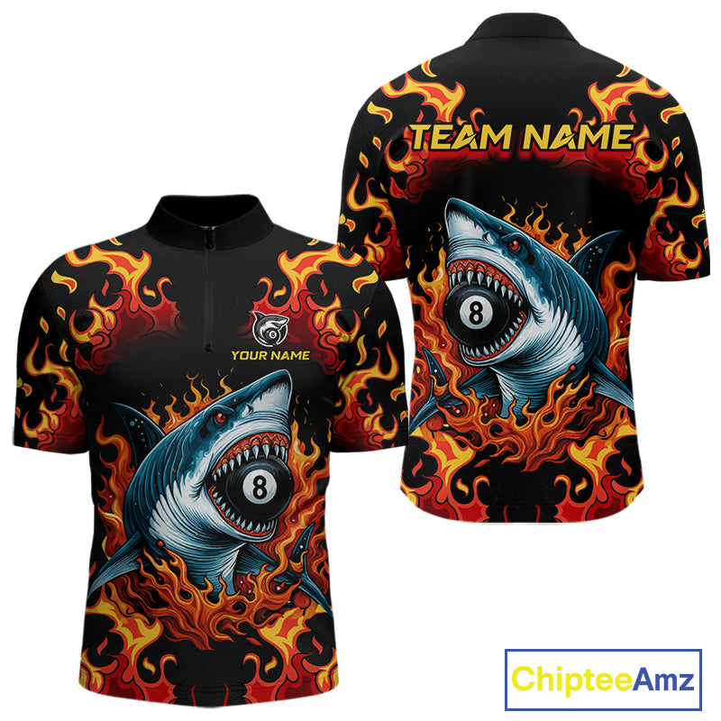 Customized Orange 8 Ball Pool Flame Shark Billiard Shirt For Men, Pool Team Jersey Polo & 1/4 Zip TDM4394