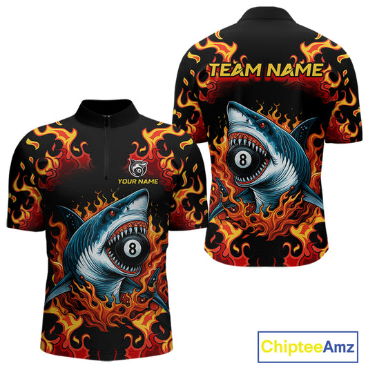 Customized Orange 8 Ball Pool Flame Shark Billiard Shirt For Men, Pool Team Jersey Polo & 1/4 Zip TDM4394