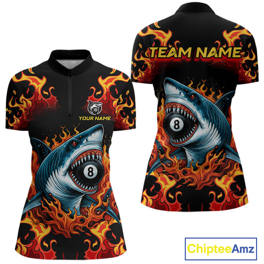 Customized Orange 8 Ball Pool Flame Shark Billiard Shirt For Women, Pool Team Jersey Polo & 1/4 Zip TDM4394
