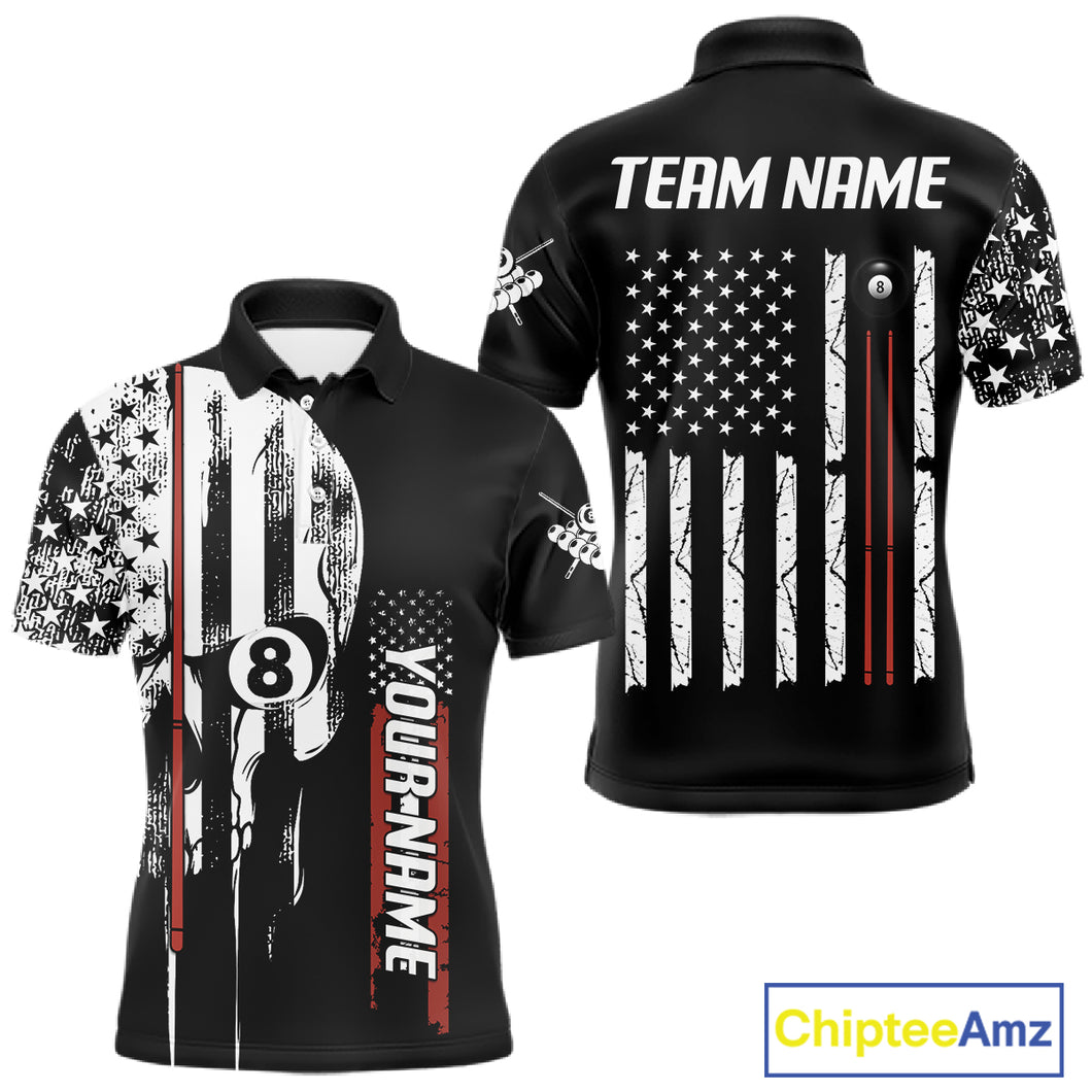 Personalized 8 Ball Skull Billiard Shirt For Men, American Flag Pool Team Jerseys Polo & 1/4 Zip TDM4629