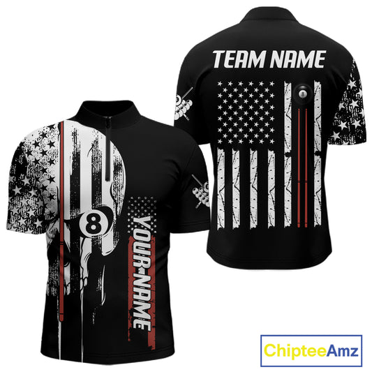 Personalized 8 Ball Skull Billiard Shirt For Men, American Flag Pool Team Jerseys Polo & 1/4 Zip TDM4629