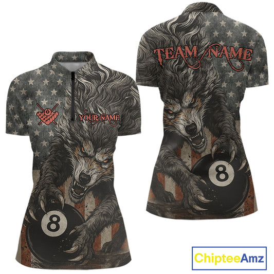Personalized Vintage American Flag Wolf Billiard Shirt For Women, 8 Ball Pool Billiard Team Jerseys TDM4242