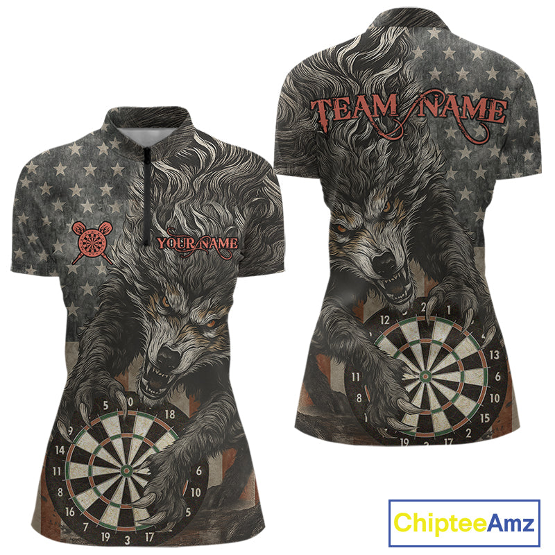 Personalized Vintage American Flag Wolf Darts Shirt For Women, Patriotic Dart Team Jerseys TDM4243