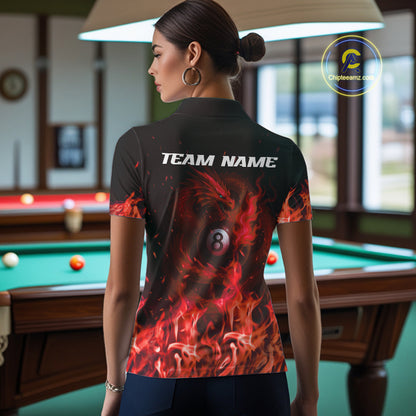 Personalized Red Flaming Dragon Billiard Shirt For Women, 8 Ball Pool Billiard League Team Jerseys TDM4245